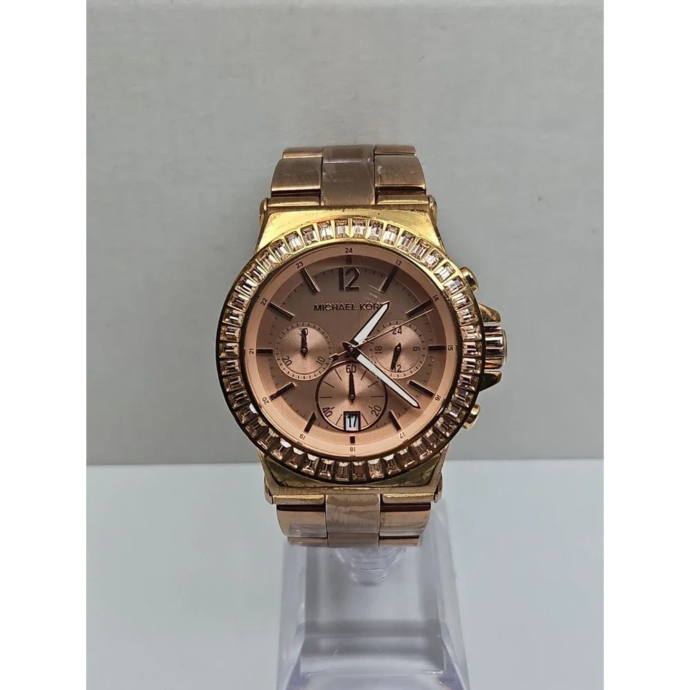 Michael Kors Dylan Womens Rose Gold Baguette Bezel Chronograph Watch New Battery